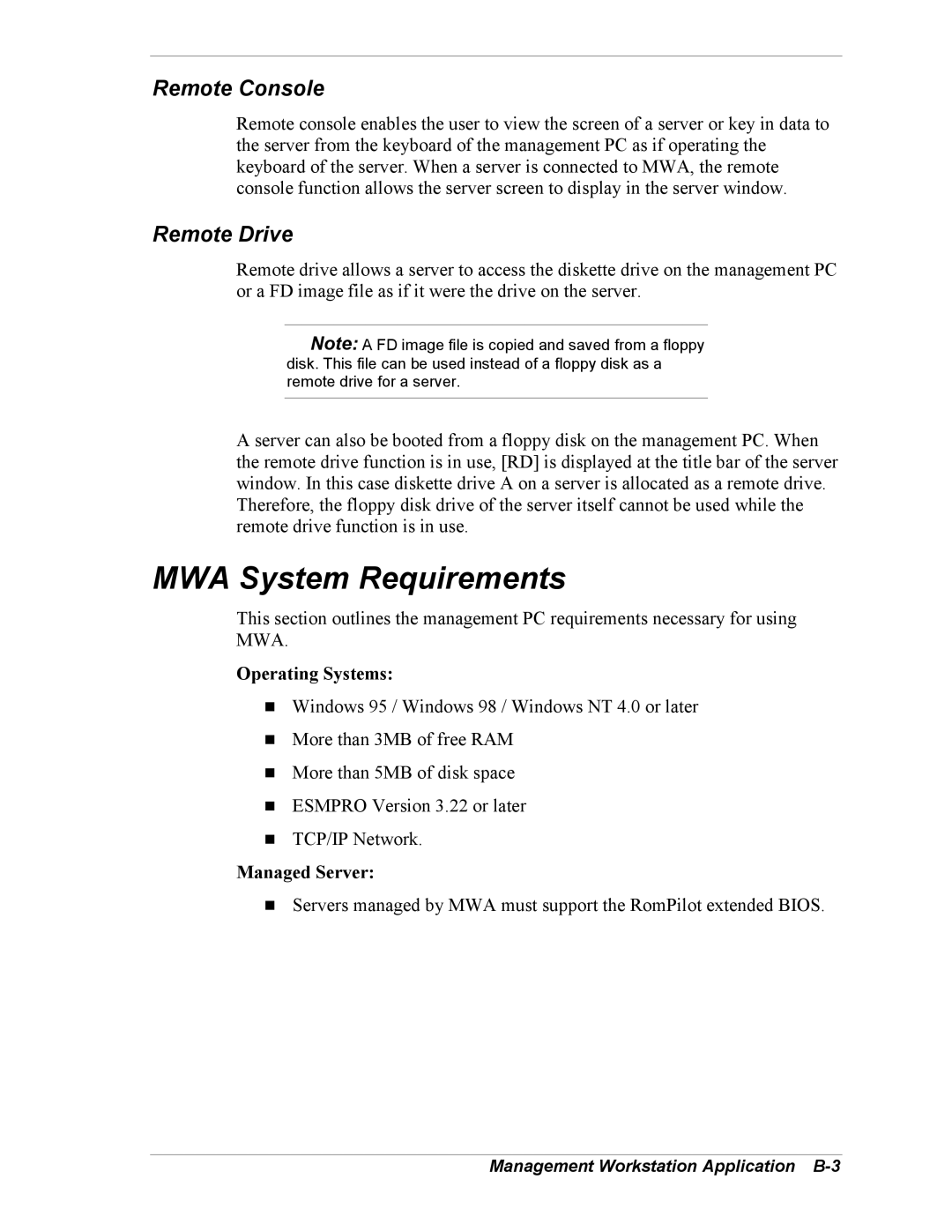 Intel 5800/120Ld manual MWA System Requirements, Remote Console, Remote Drive, Management Workstation Application B-3 