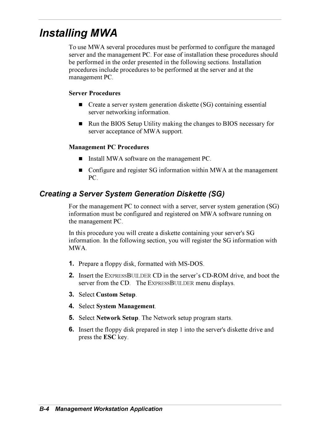 Intel 5800/120Ld manual Installing MWA, Creating a Server System Generation Diskette SG 