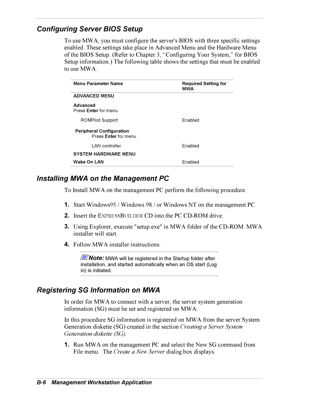 Intel 5800/120Ld Configuring Server Bios Setup, Installing MWA on the Management PC, Registering SG Information on MWA 