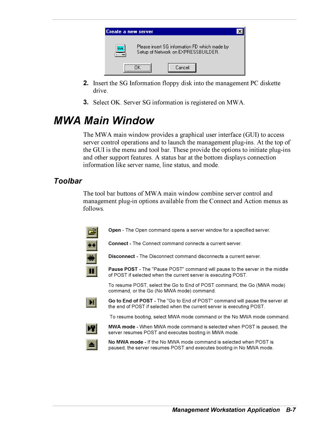 Intel 5800/120Ld manual MWA Main Window, Toolbar, Management Workstation Application B-7 