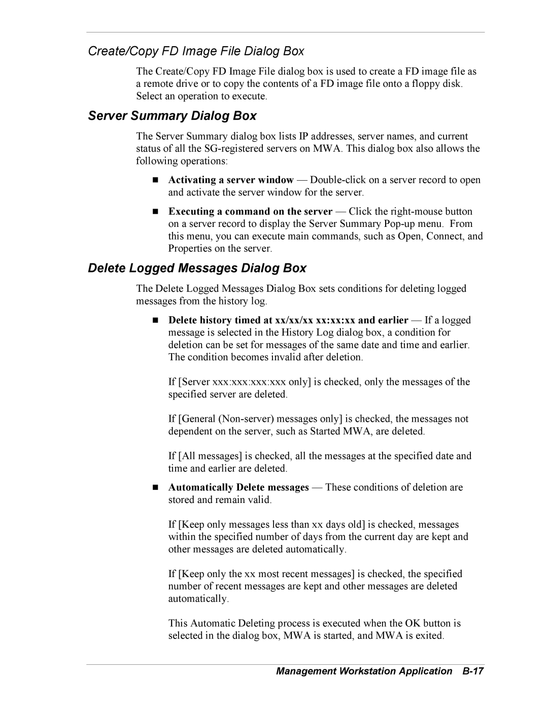 Intel 5800/120Ld Server Summary Dialog Box, Delete Logged Messages Dialog Box, Management Workstation Application B-17 