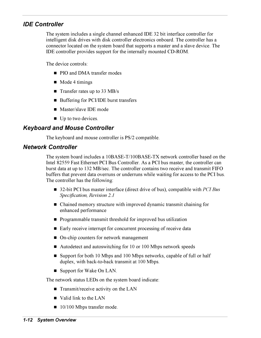 Intel 5800/120Ld manual IDE Controller, Keyboard and Mouse Controller, Network Controller 