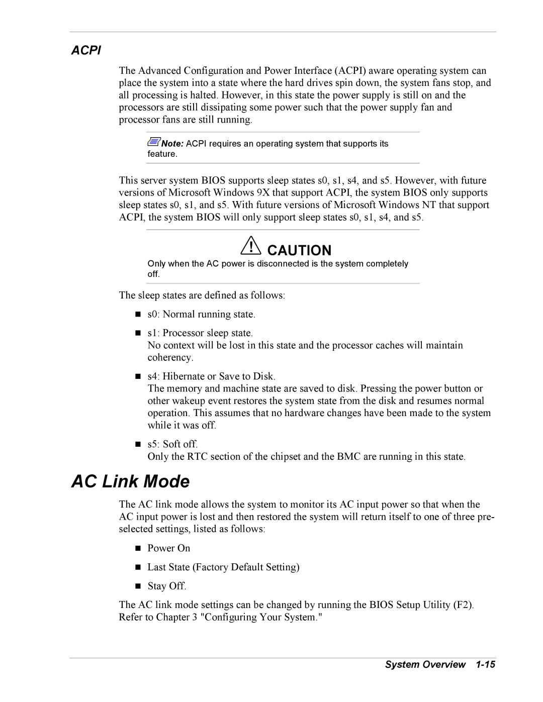 Intel 5800/120Ld manual AC Link Mode, Acpi 