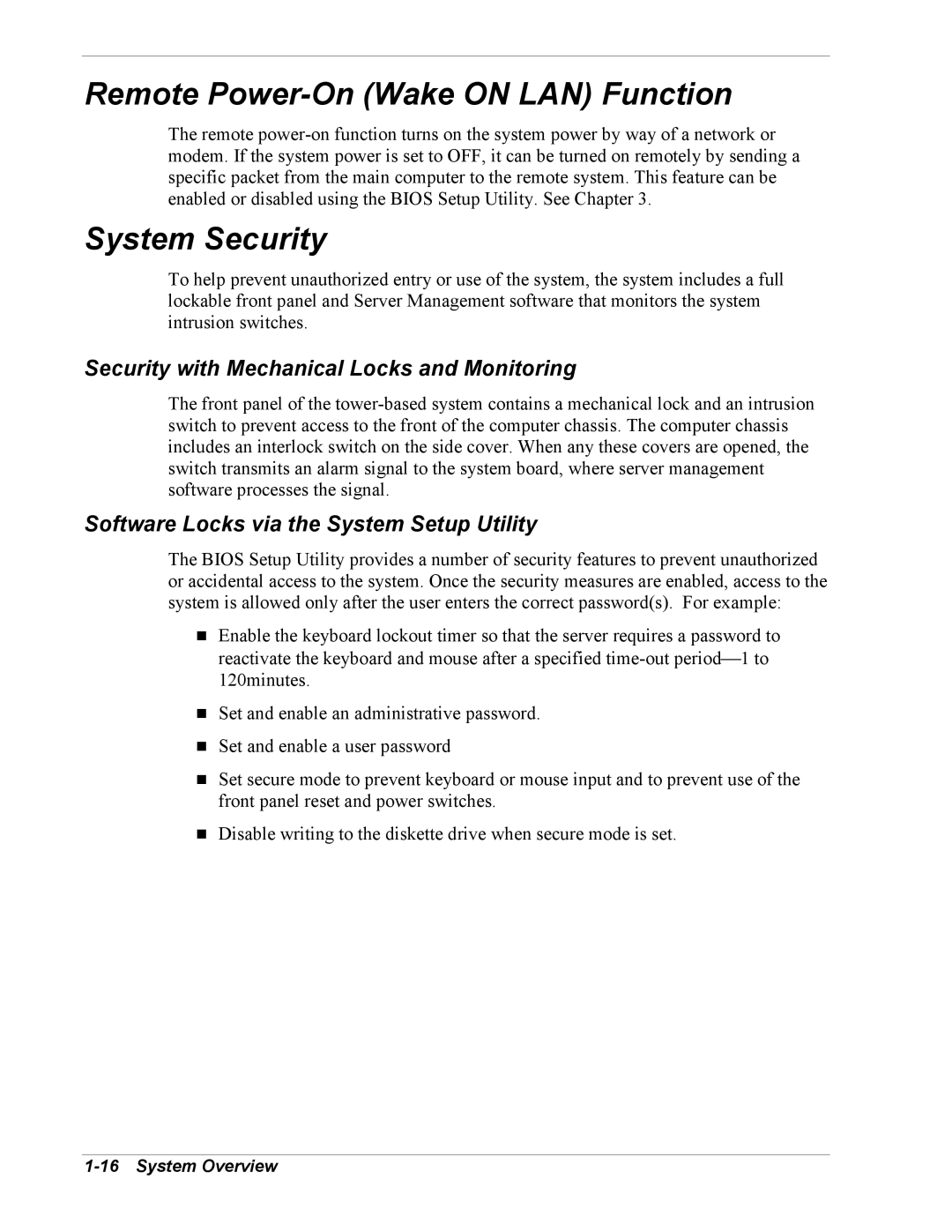 Intel 5800/120Ld Remote Power-On Wake on LAN Function, System Security, Security with Mechanical Locks and Monitoring 