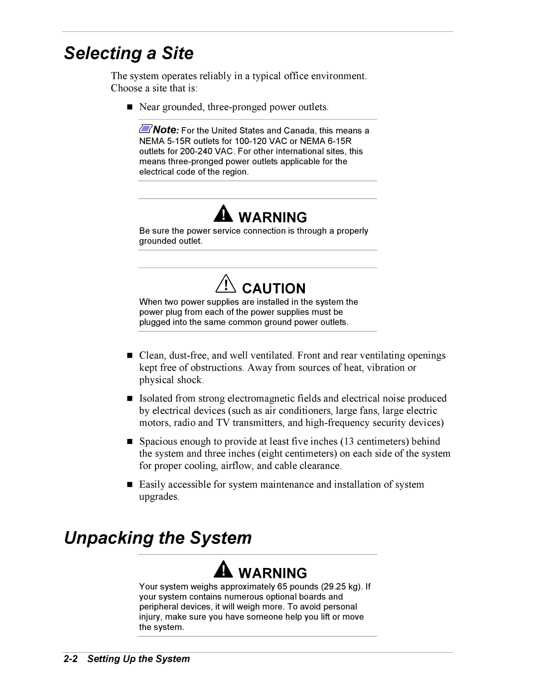 Intel 5800/120Ld manual Selecting a Site, Unpacking the System, Setting Up the System 