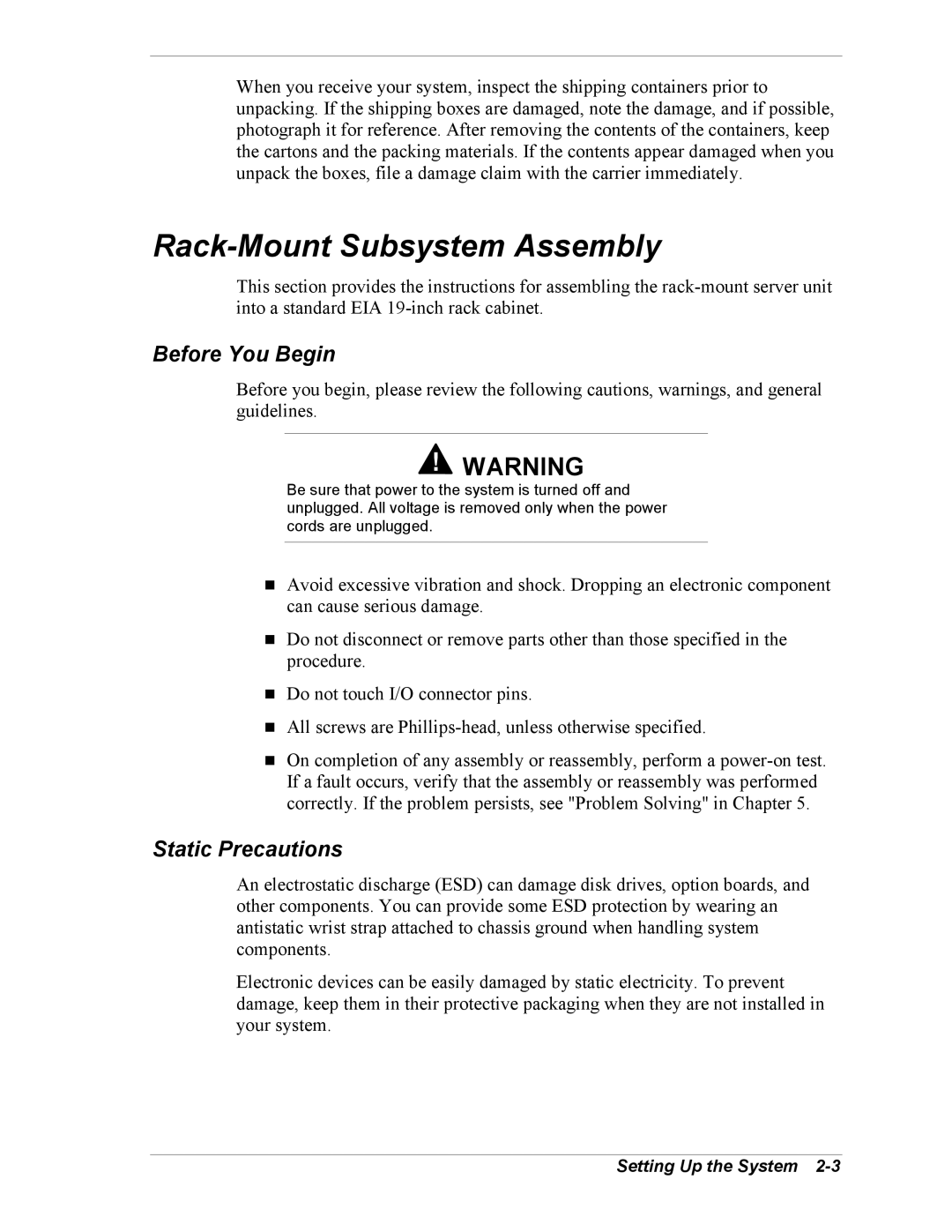 Intel 5800/120Ld manual Rack-Mount Subsystem Assembly, Before You Begin, Static Precautions 