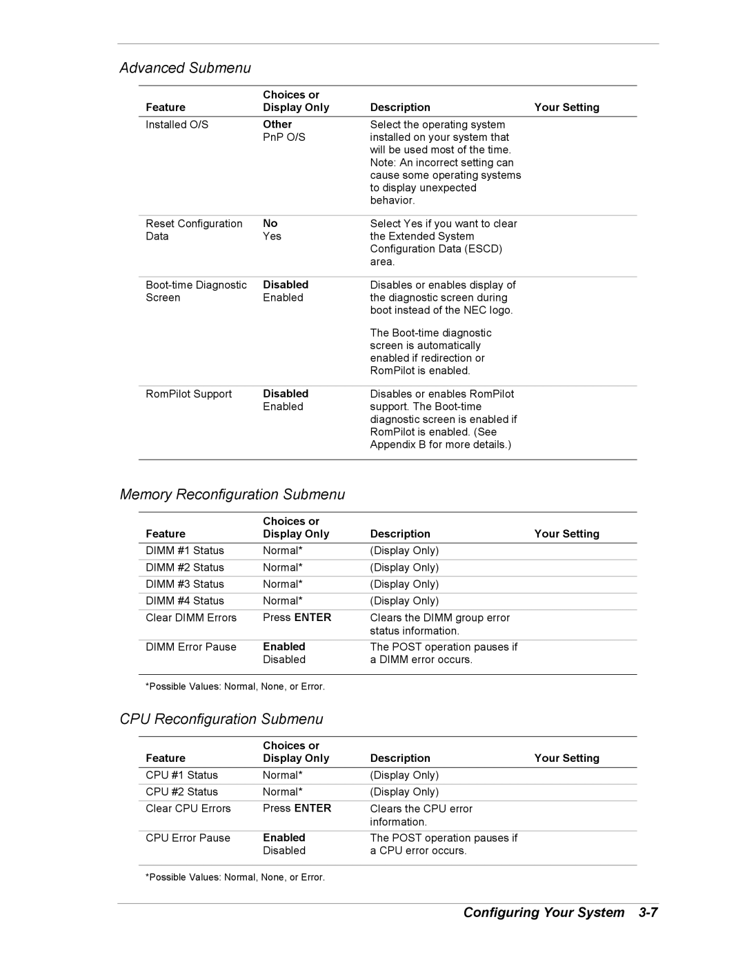 Intel 5800/120Ld manual Advanced Submenu, Memory Reconfiguration Submenu, CPU Reconfiguration Submenu 