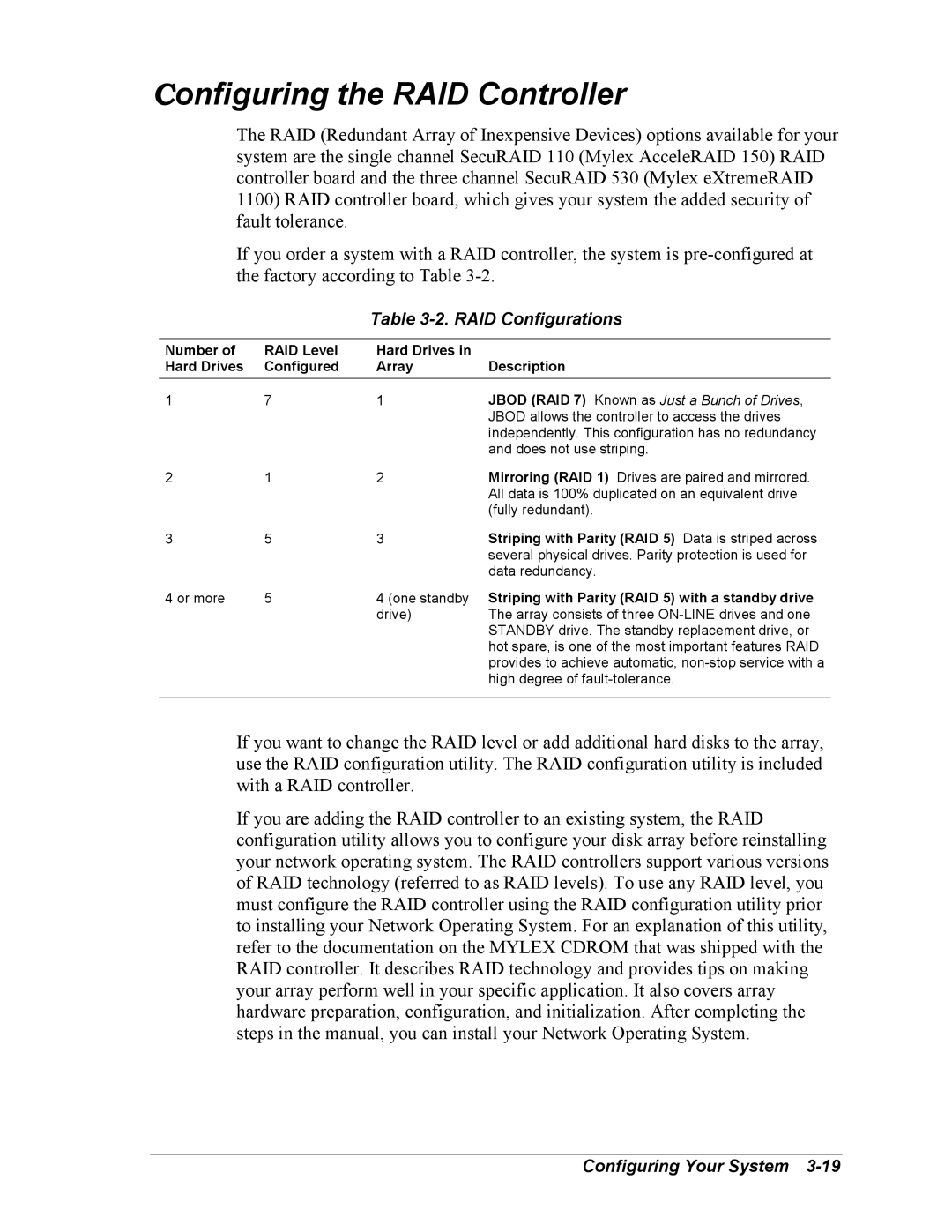 Intel 5800/120Ld Configuring the RAID Controller, RAID Configurations, Striping with Parity RAID 5 Data is striped across 