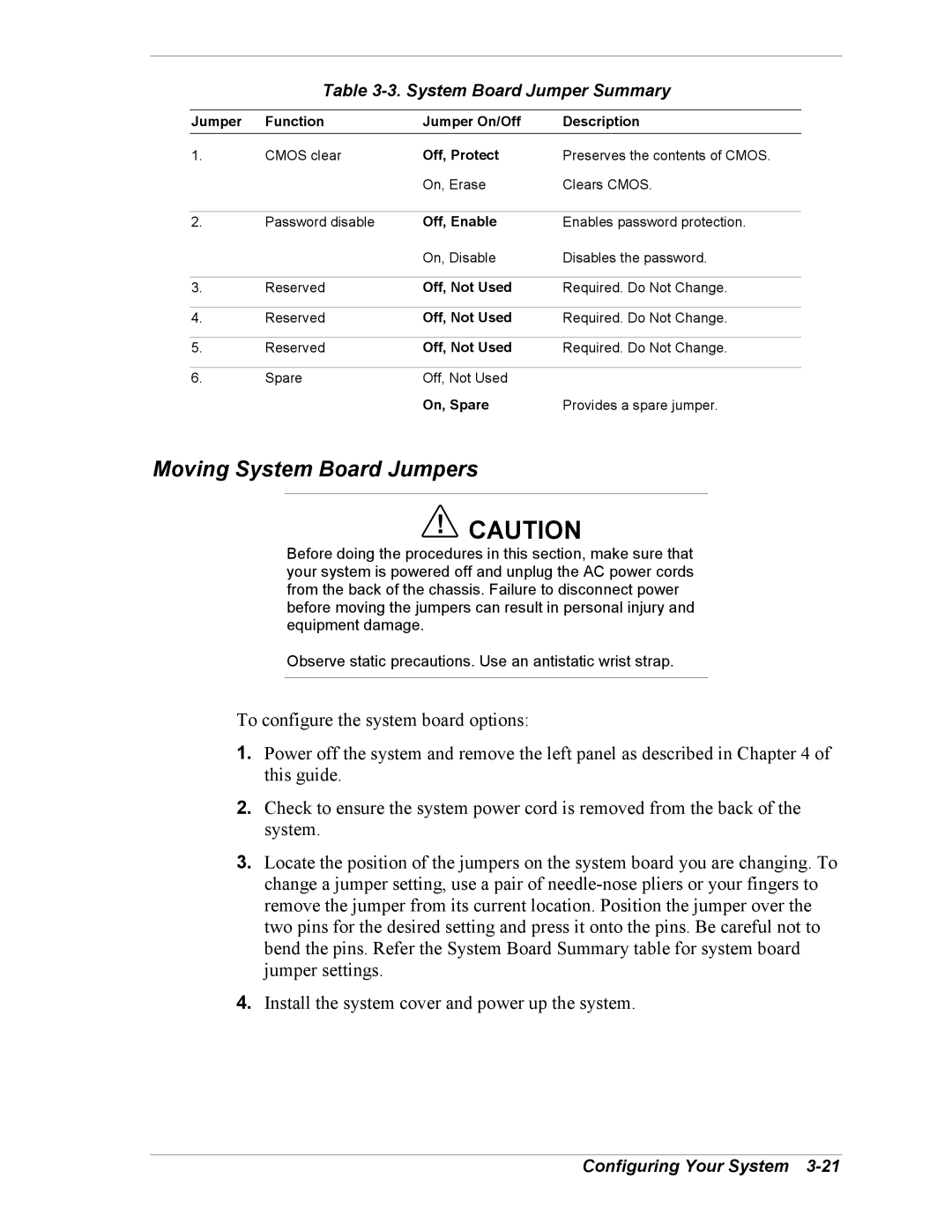 Intel 5800/120Ld manual Moving System Board Jumpers, System Board Jumper Summary 