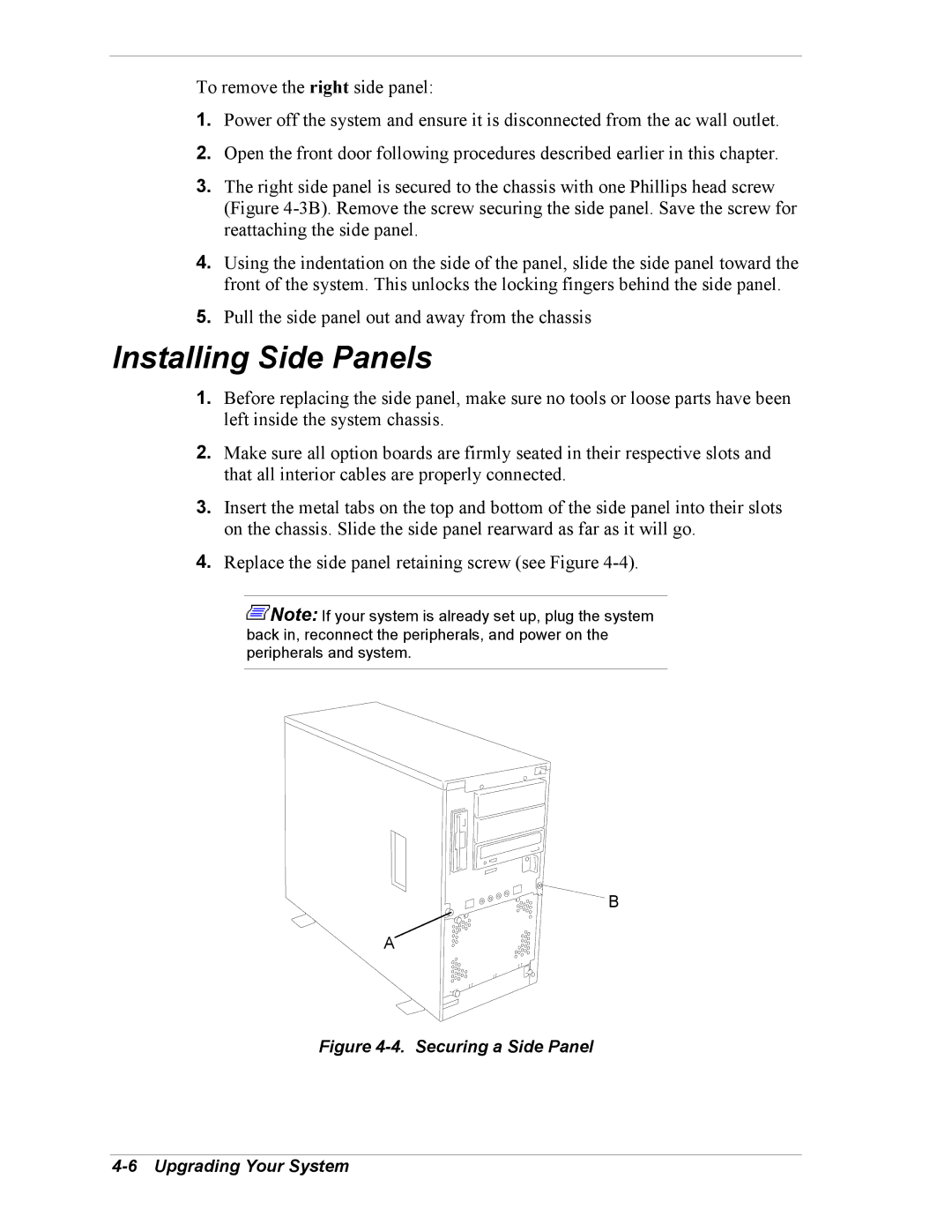 Intel 5800/120Ld manual Installing Side Panels, Securing a Side Panel Upgrading Your System 