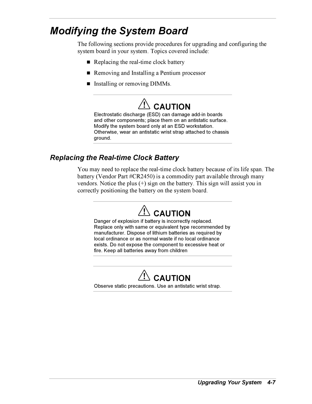 Intel 5800/120Ld manual Modifying the System Board, Replacing the Real-time Clock Battery 