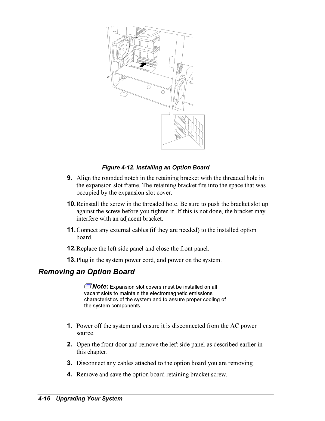 Intel 5800/120Ld manual Removing an Option Board, Installing an Option Board 