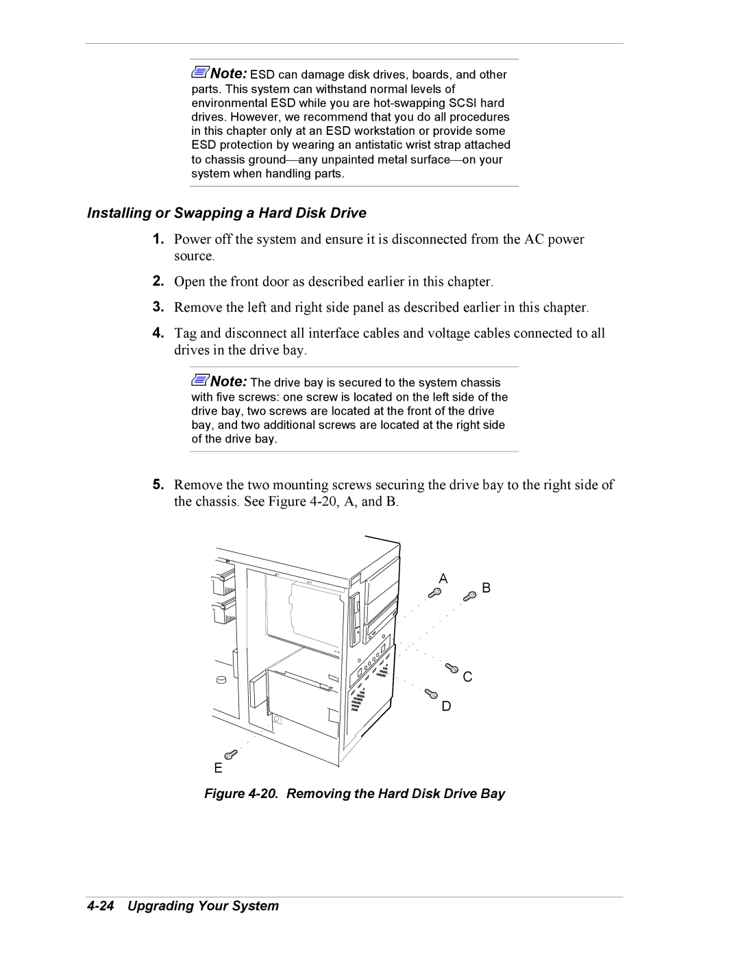 Intel 5800/120Ld manual Removing the Hard Disk Drive Bay Upgrading Your System 