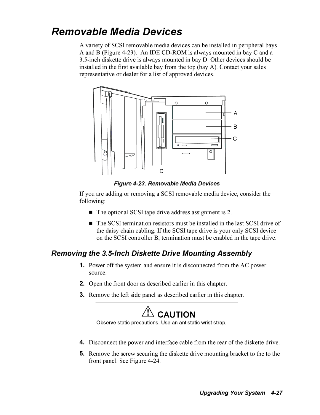 Intel 5800/120Ld manual Removable Media Devices, Removing the 3.5-Inch Diskette Drive Mounting Assembly 