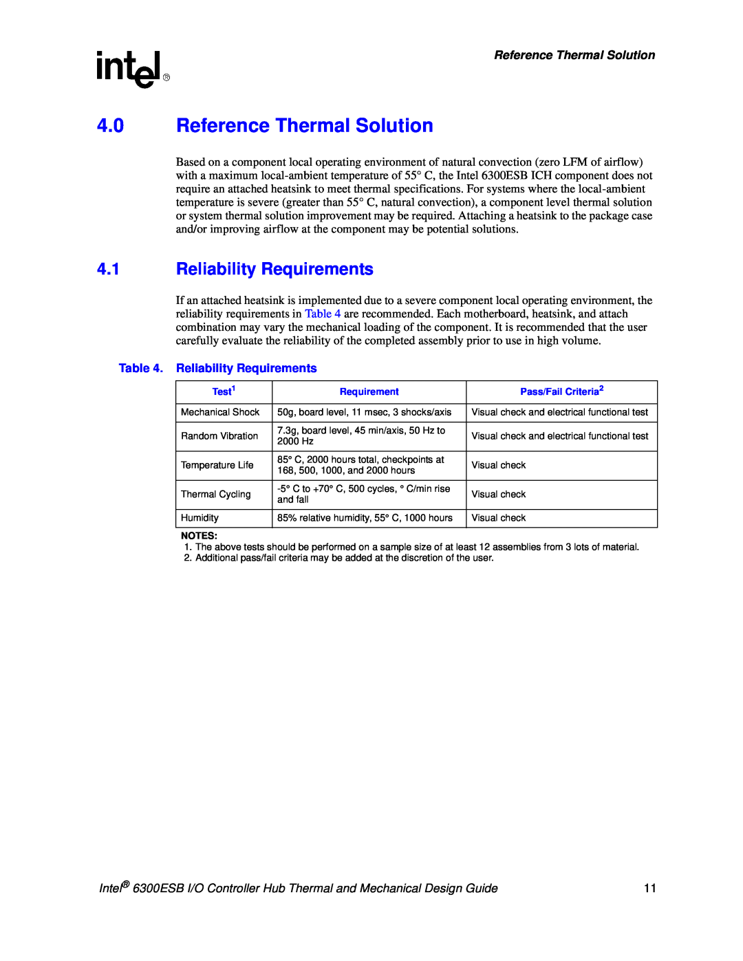 Intel 6300ESB manual 4.0Reference Thermal Solution, 4.1Reliability Requirements 