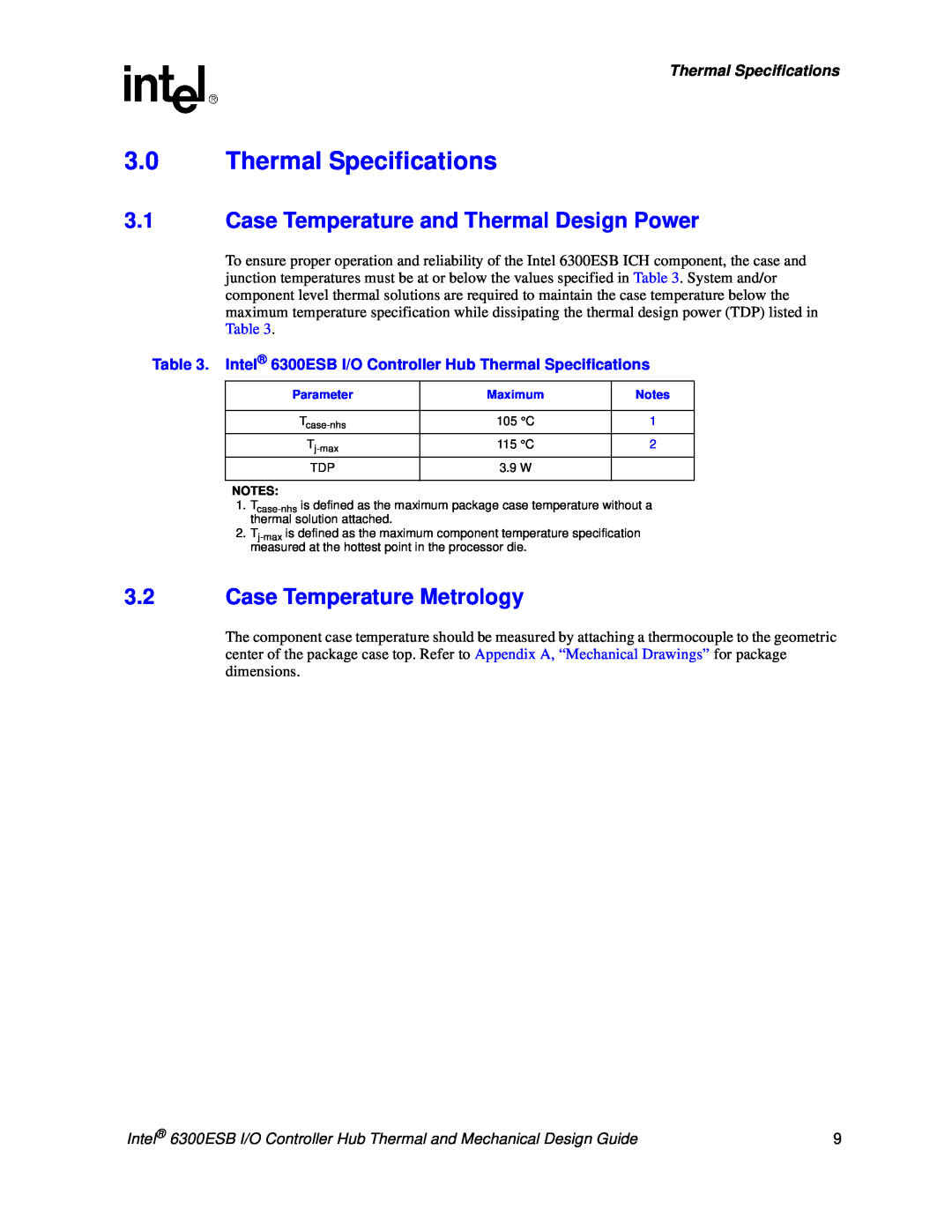 Intel 6300ESB manual 3.0Thermal Specifications, 3.1Case Temperature and Thermal Design Power, 3.2Case Temperature Metrology 