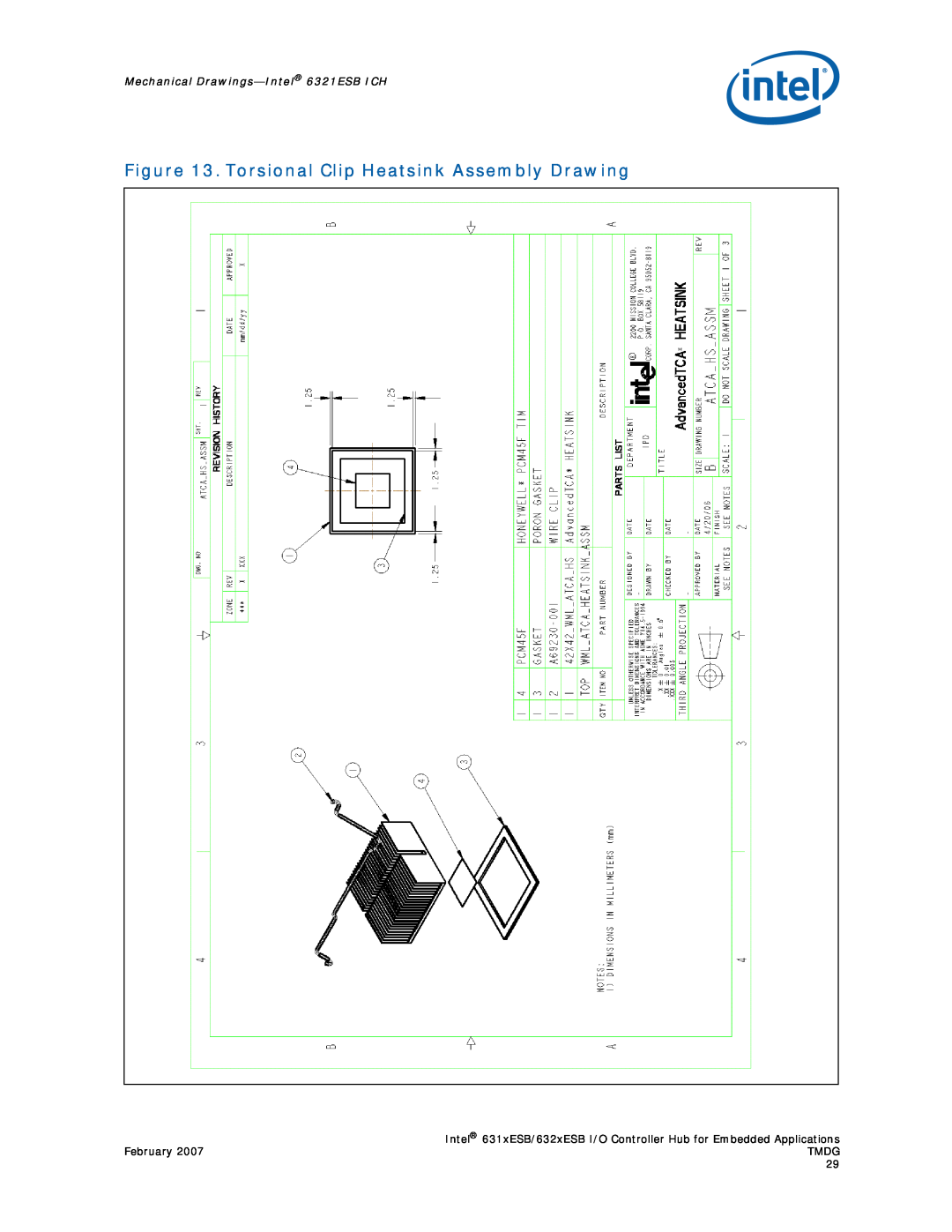 Intel 632xESB, 631xESB manual Torsional Clip Heatsink Assembly Drawing, Mechanical Drawings-Intel 6321ESB ICH 