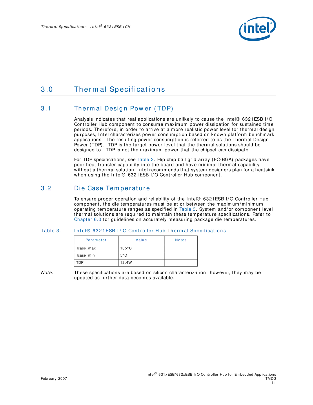 Intel 632xESB, 631xESB manual Thermal Specifications, Thermal Design Power TDP, Die Case Temperature, Parameter Value 