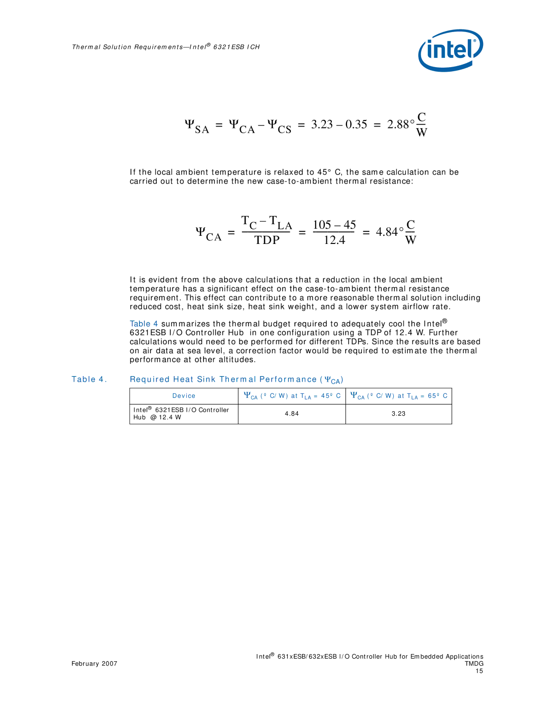 Intel 632xESB manual Required Heat Sink Thermal Performance ΨCA, Device CA º C/W at T LA = 45º C CA º C/W at T LA = 65º C 