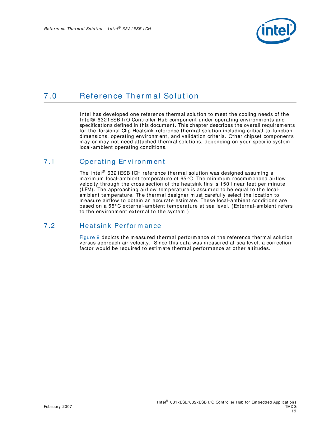 Intel 632xESB, 631xESB manual Reference Thermal Solution, Operating Environment, Heatsink Performance 