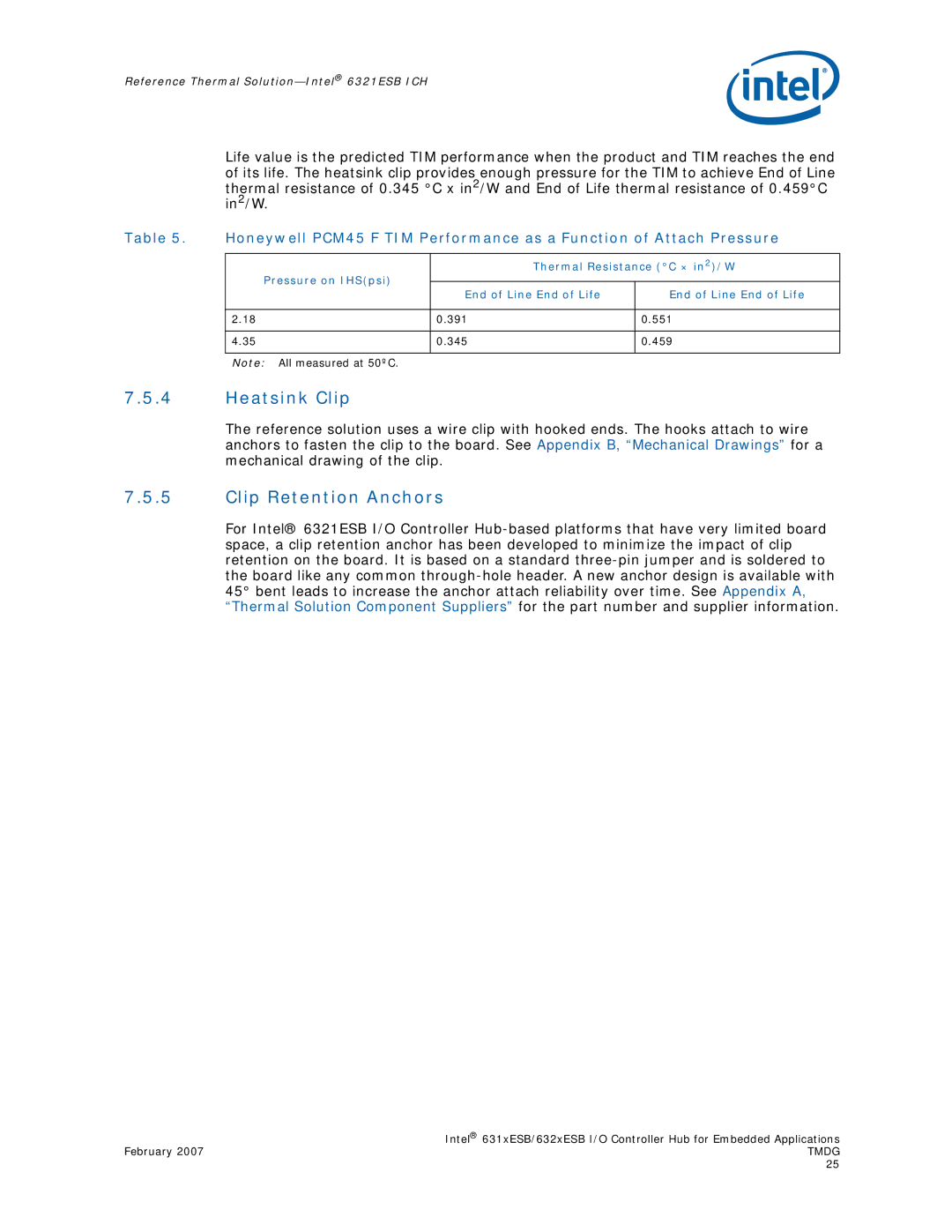 Intel 632xESB, 631xESB manual Heatsink Clip, Clip Retention Anchors, Thermal Resistance C × in 2/W 