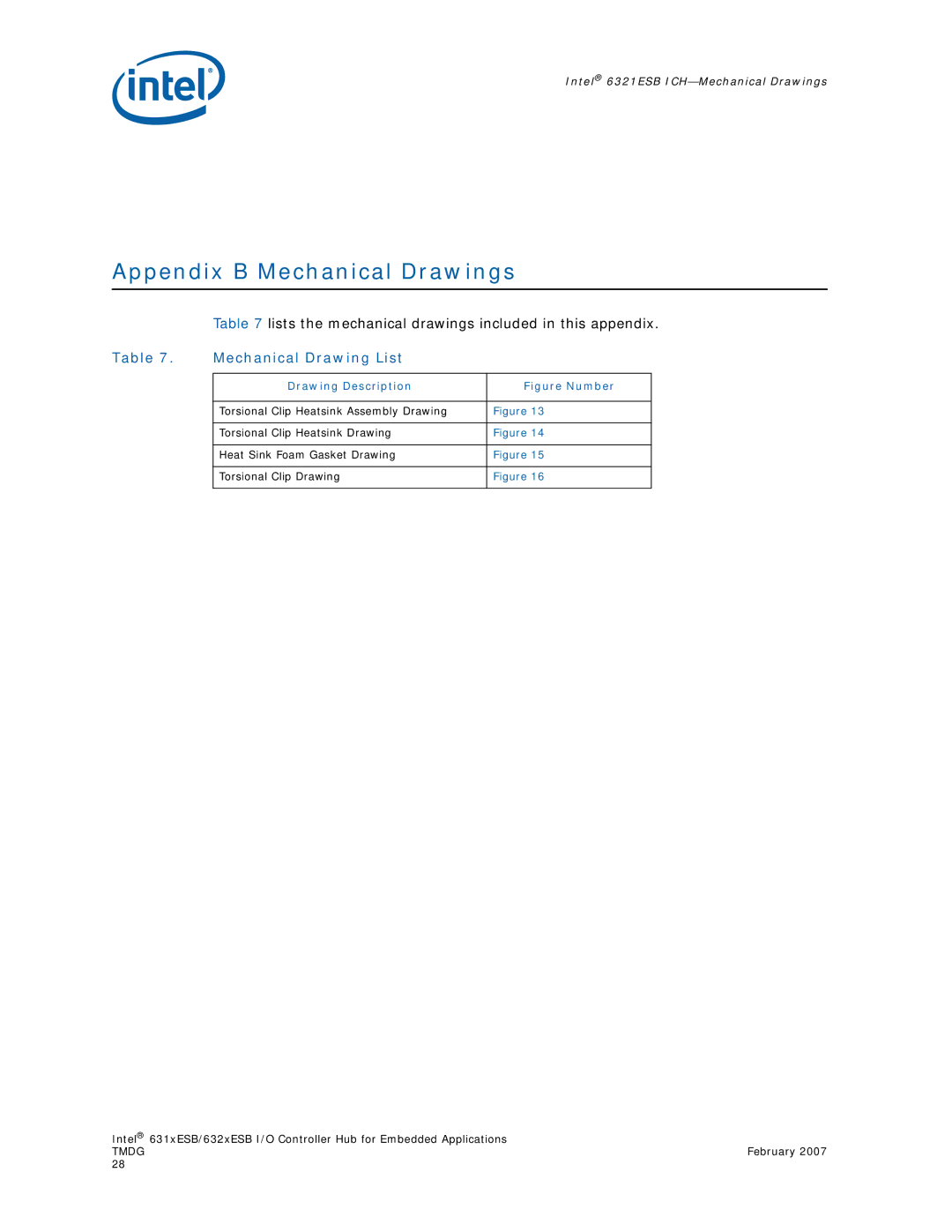 Intel 631xESB, 632xESB manual Appendix B Mechanical Drawings, Mechanical Drawing List, Drawing Description 