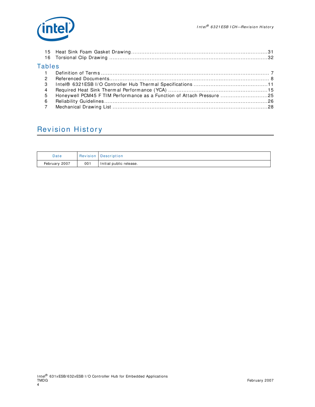 Intel 631xESB, 632xESB manual Revision History, Tables, Date Revision Description, Initial public release 