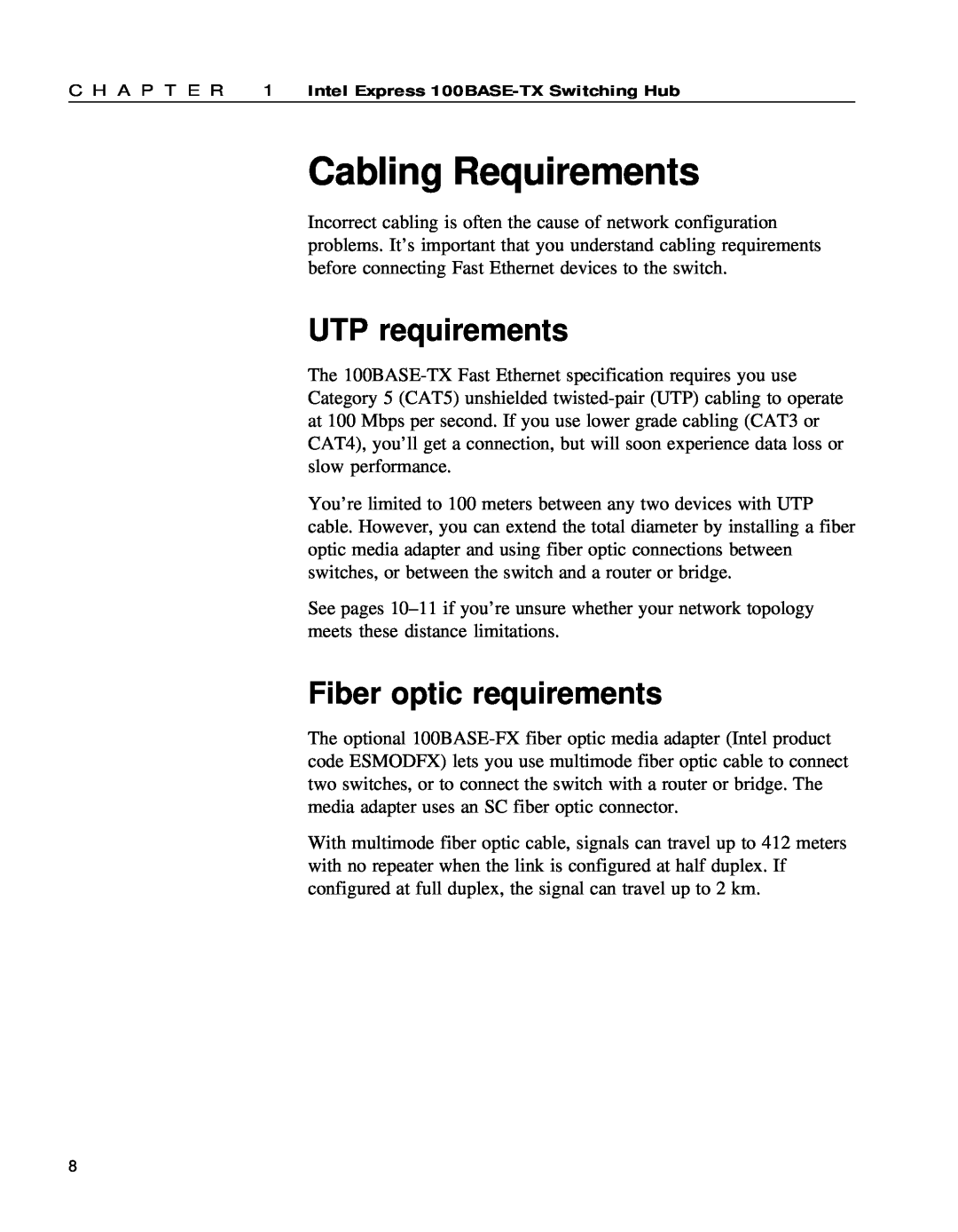 Intel 654655-001 manual Cabling Requirements, UTP requirements, Fiber optic requirements 