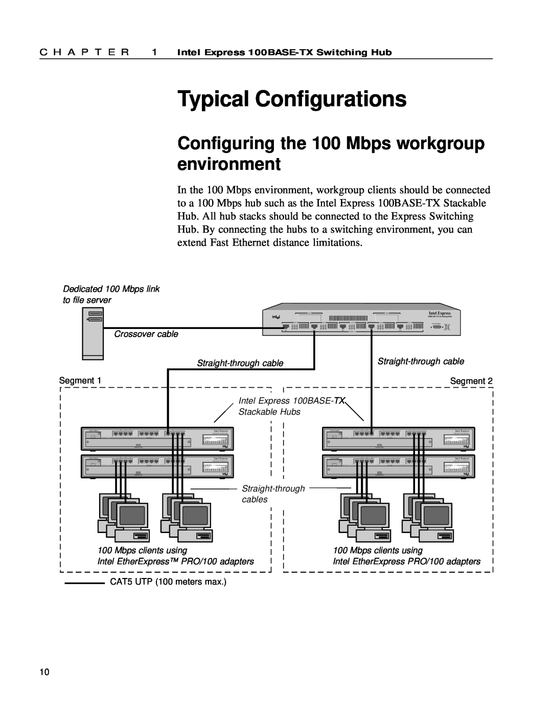 Intel 654655-001 Typical Configurations, Configuring the 100 Mbps workgroup environment, Crossover cable, Straight-through 