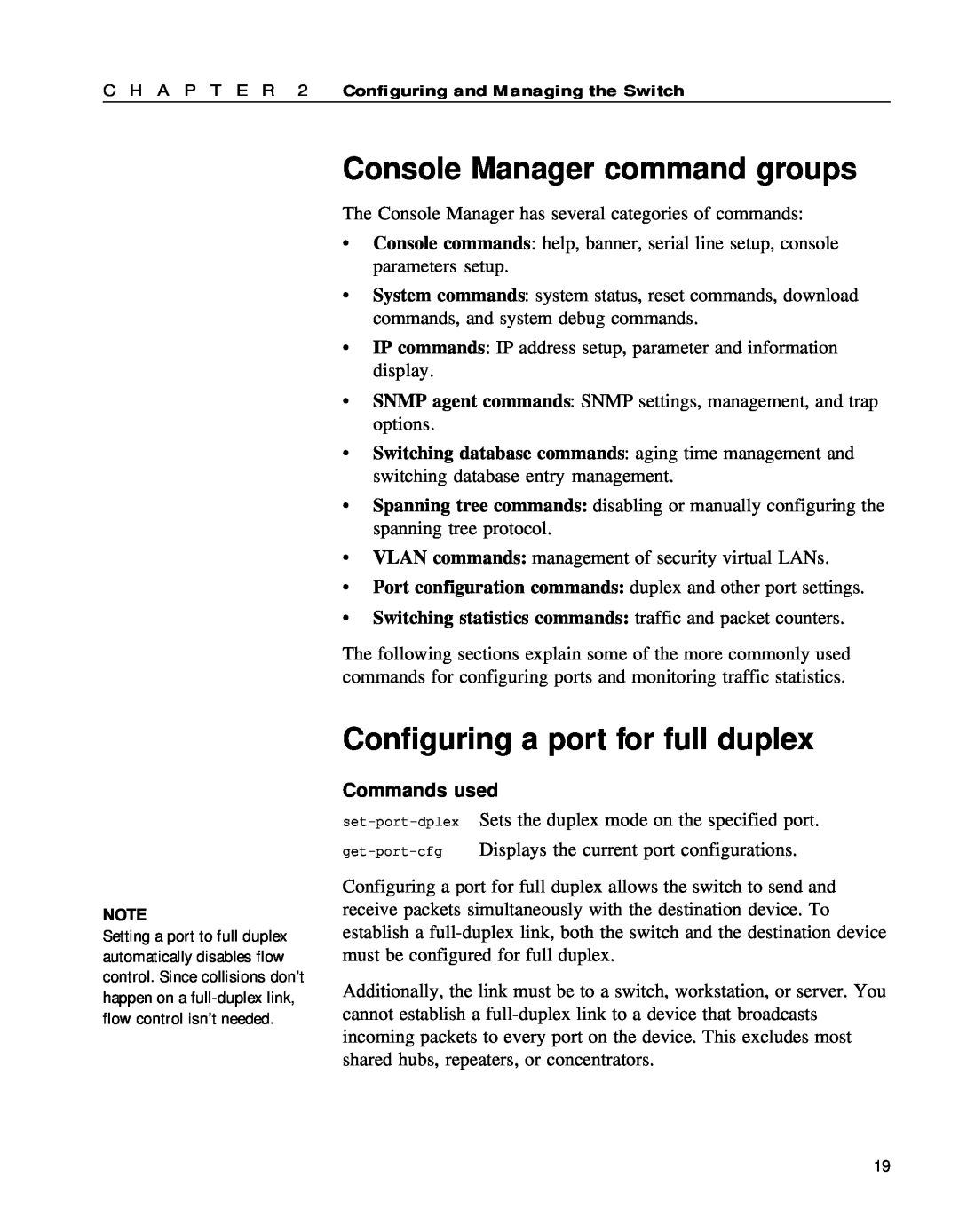 Intel 654655-001 manual Console Manager command groups, Configuring a port for full duplex, Commands used 