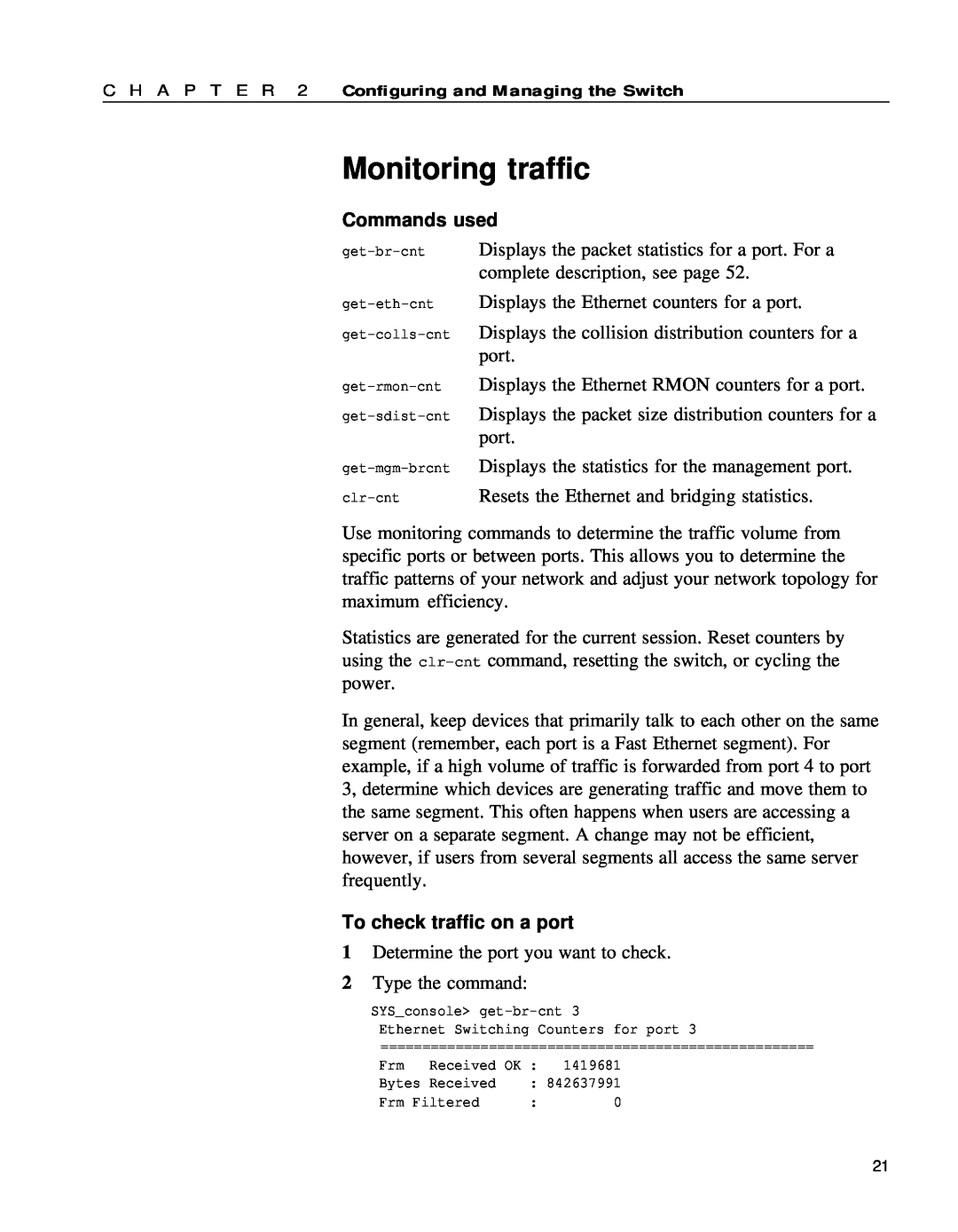 Intel 654655-001 manual Monitoring traffic, Commands used, To check traffic on a port 