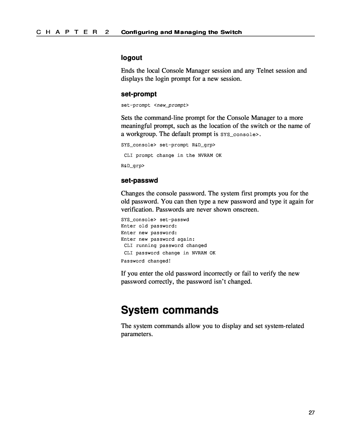 Intel 654655-001 manual System commands, logout, set-prompt, set-passwd 