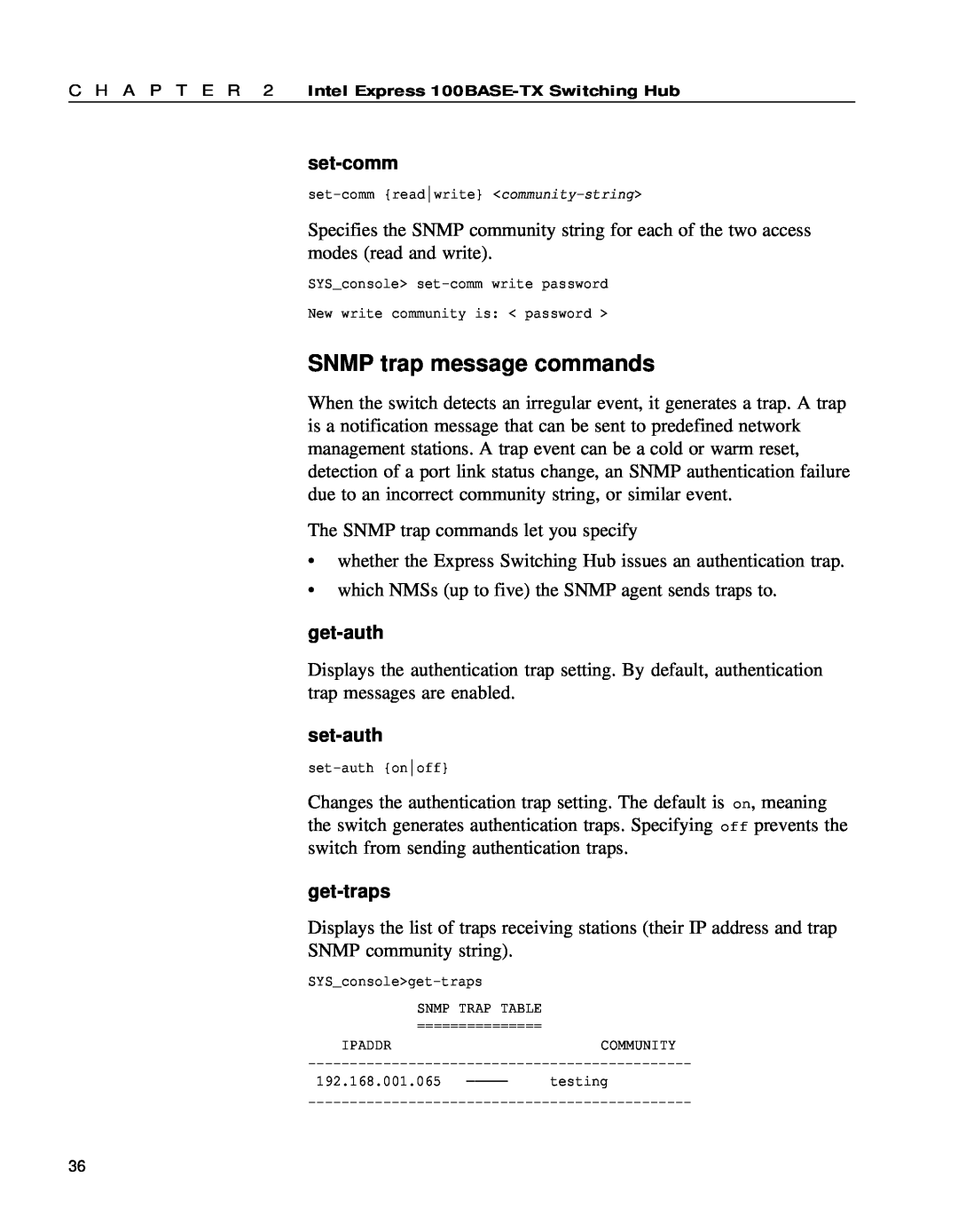 Intel 654655-001 manual SNMP trap message commands, set-comm, get-auth, set-auth, get-traps 
