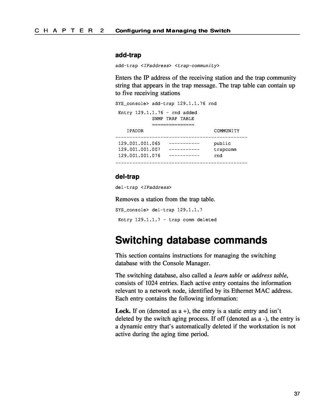 Intel 654655-001 manual Switching database commands, add-trap, del-trap 