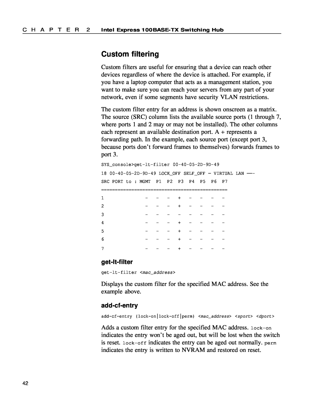 Intel 654655-001 manual Custom filtering, get-lt-filter, add-cf-entry 