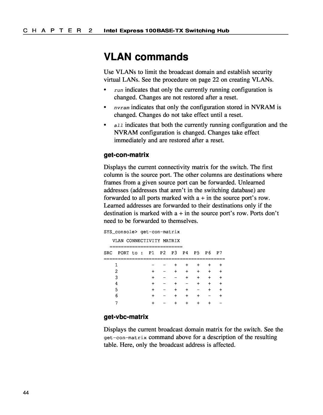 Intel 654655-001 manual VLAN commands, get-con-matrix, get-vbc-matrix 