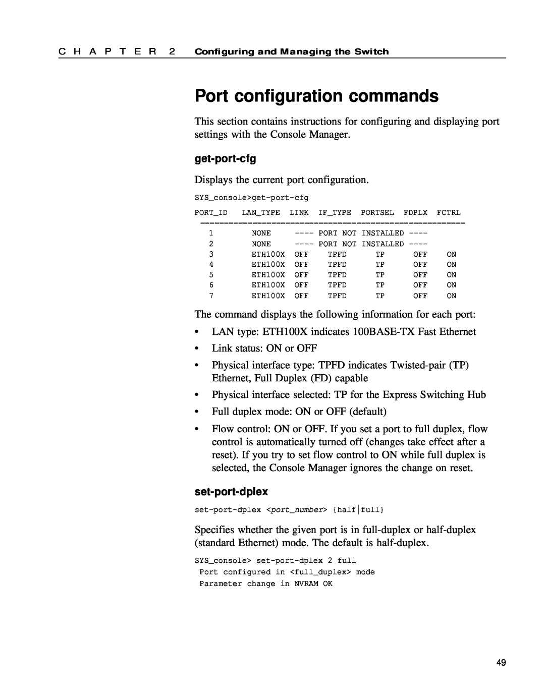 Intel 654655-001 manual Port configuration commands, get-port-cfg, set-port-dplex 