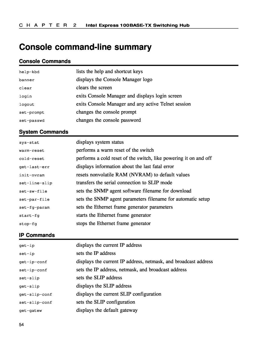 Intel 654655-001 manual Console command-linesummary, Console Commands, System Commands, IP Commands 