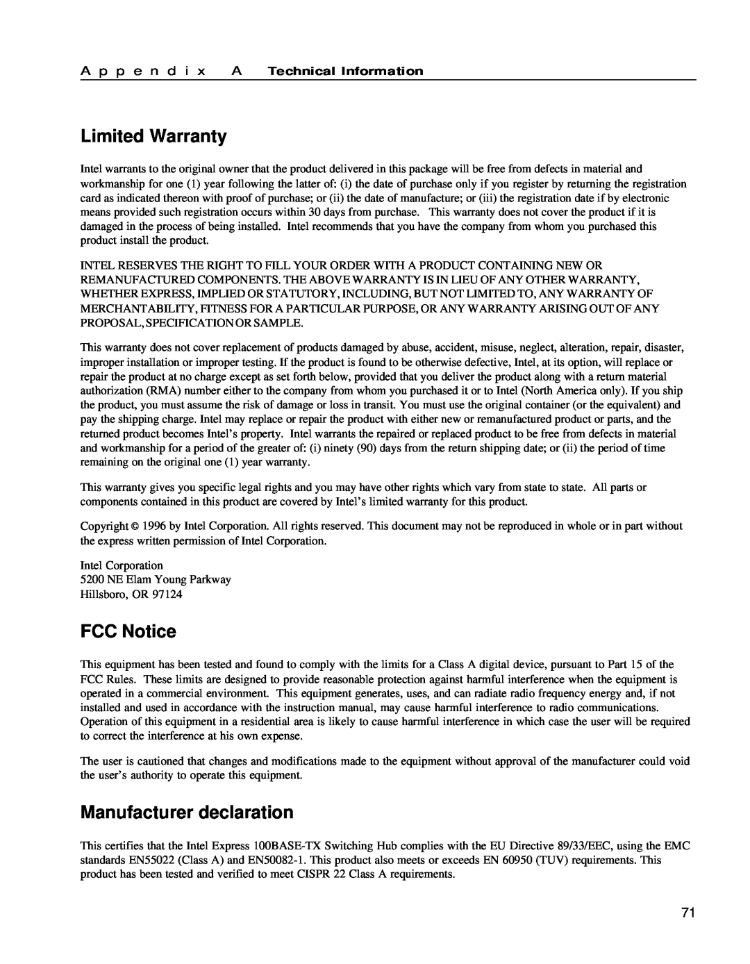 Intel 654655-001 manual Limited Warranty, FCC Notice, Manufacturer declaration, A p p e n d, Technical Information 