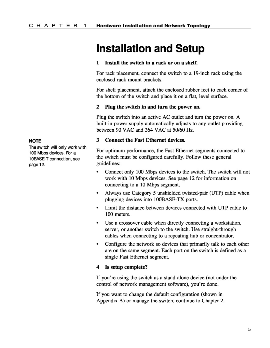 Intel 654655-001 Installation and Setup, Install the switch in a rack or on a shelf, Connect the Fast Ethernet devices 