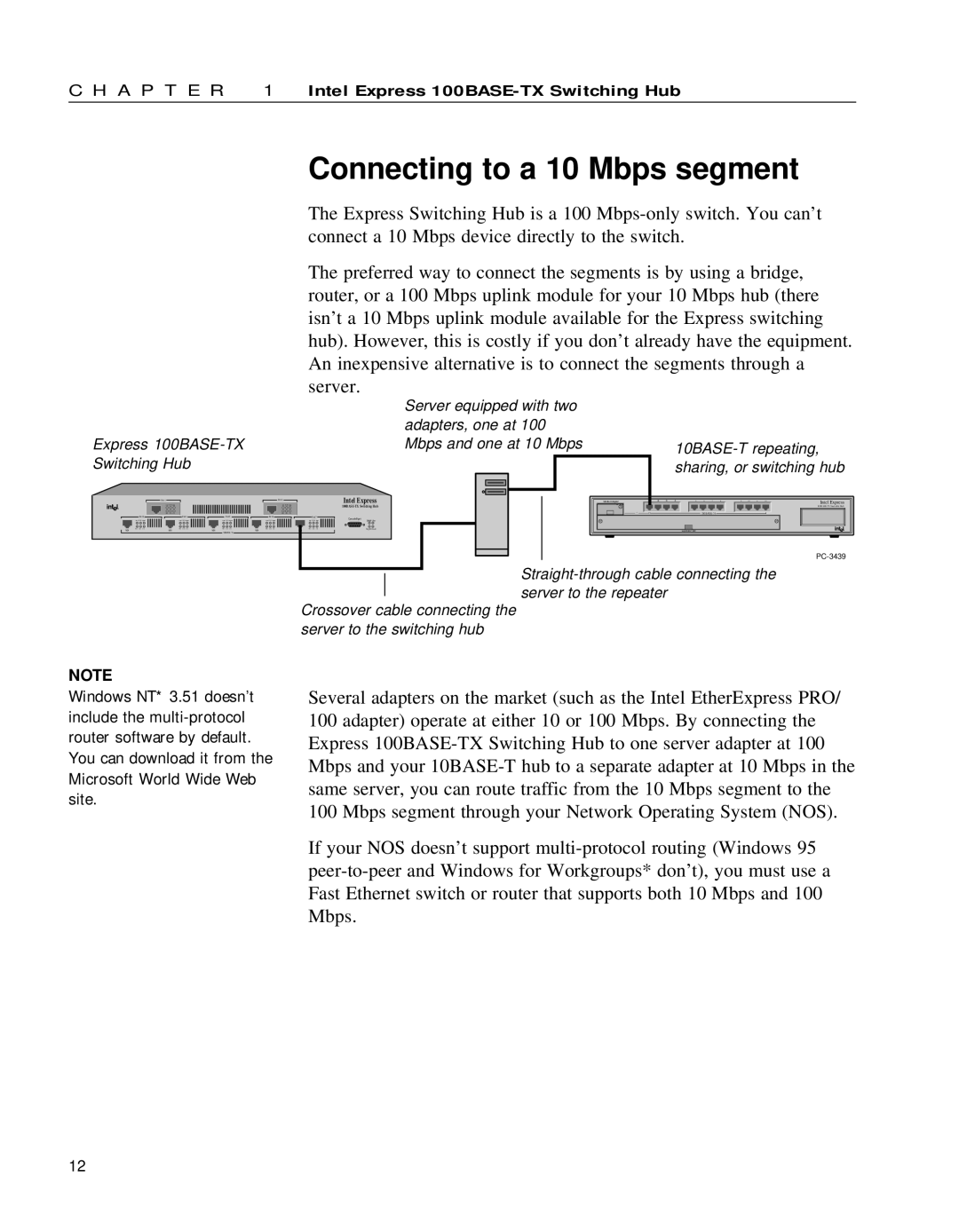 Intel 654655-001 manual Connecting to a 10 Mbps segment, Sharing, or switching hub 