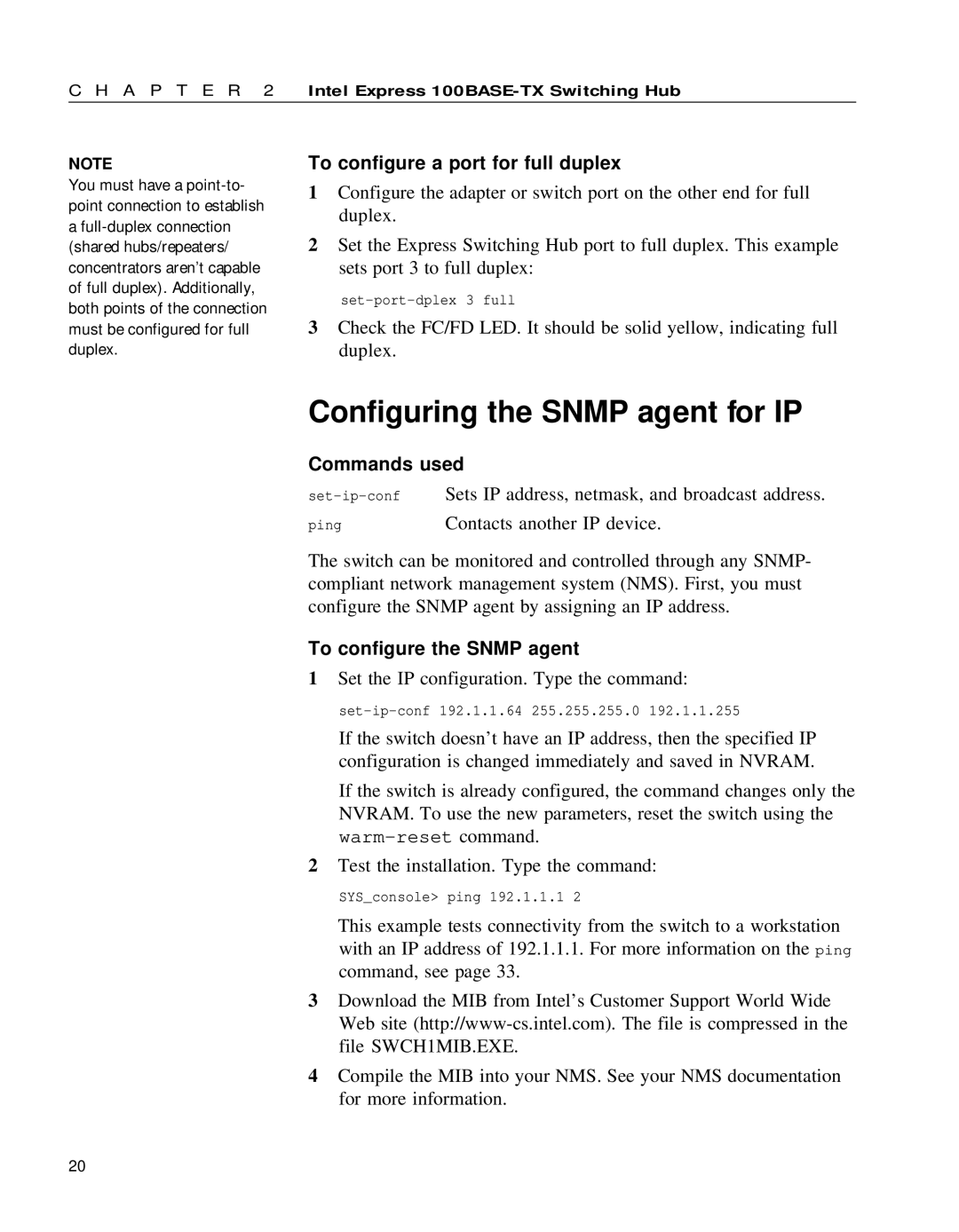 Intel 654655-001 manual Configuring the Snmp agent for IP, To configure a port for full duplex, To configure the Snmp agent 