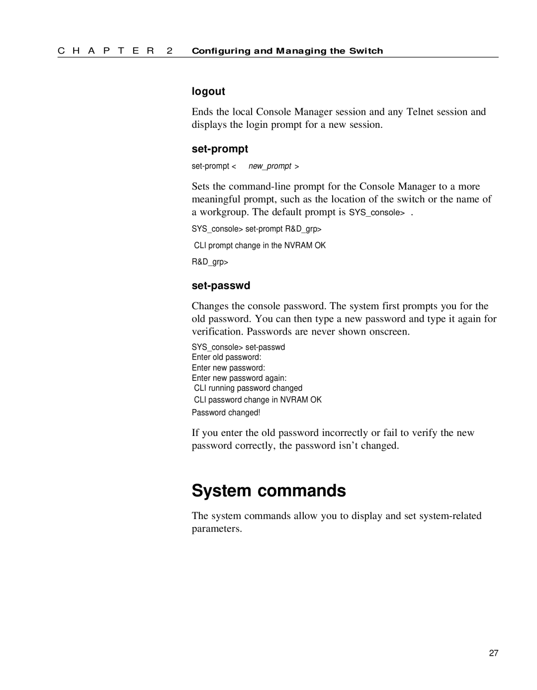 Intel 654655-001 manual System commands, Logout, Set-prompt, Set-passwd 