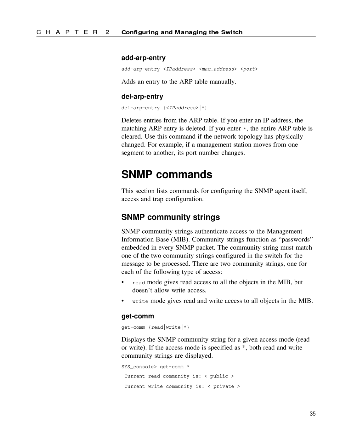 Intel 654655-001 manual Snmp commands, Add-arp-entry, Del-arp-entry, Get-comm 