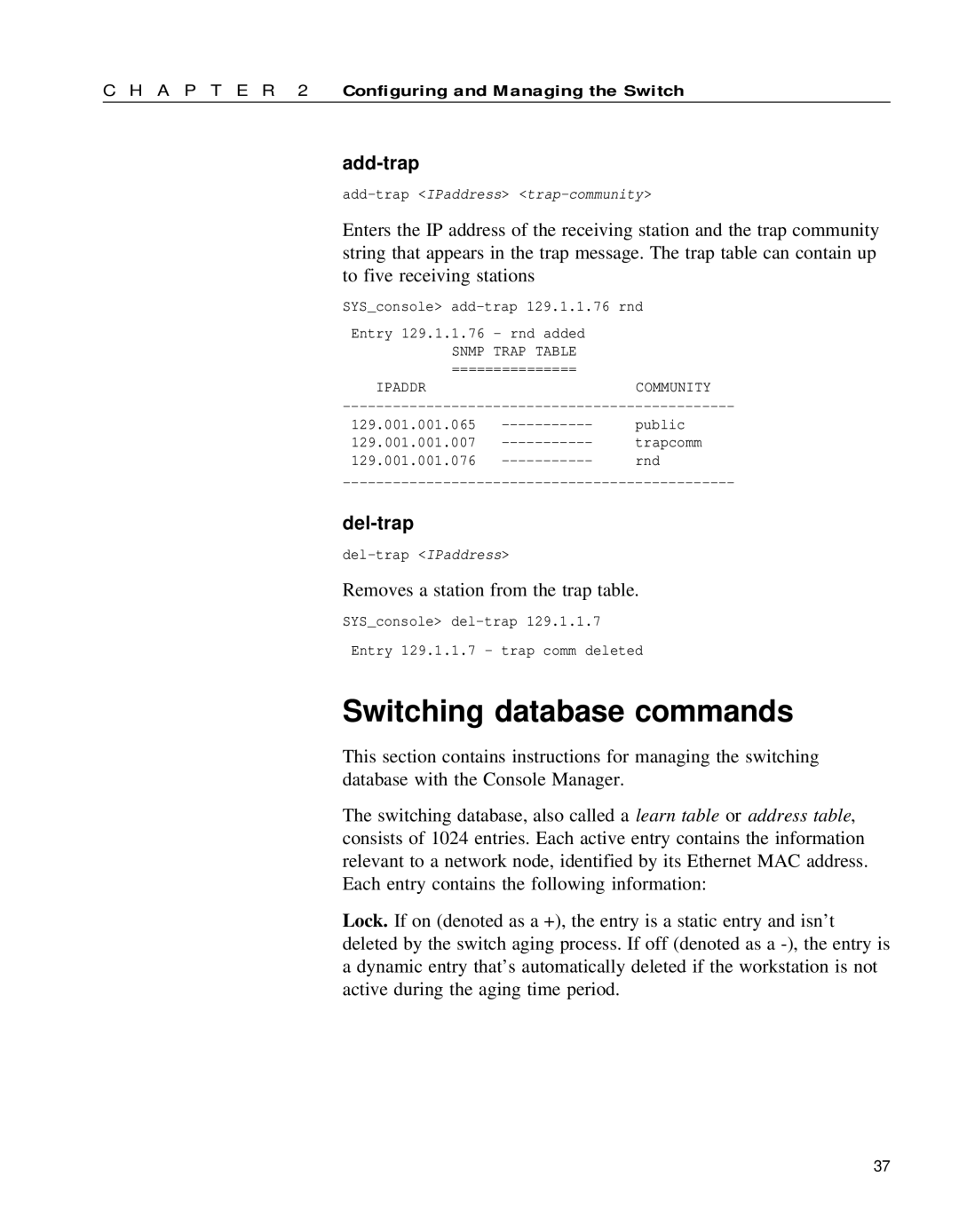 Intel 654655-001 manual Switching database commands, Add-trap, Del-trap 