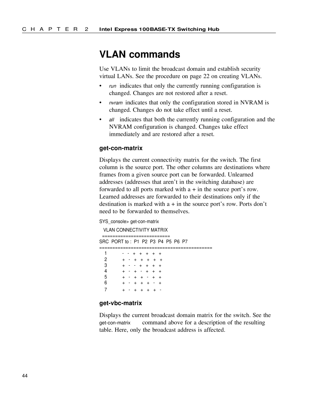 Intel 654655-001 manual Vlan commands, Get-con-matrix, Get-vbc-matrix 