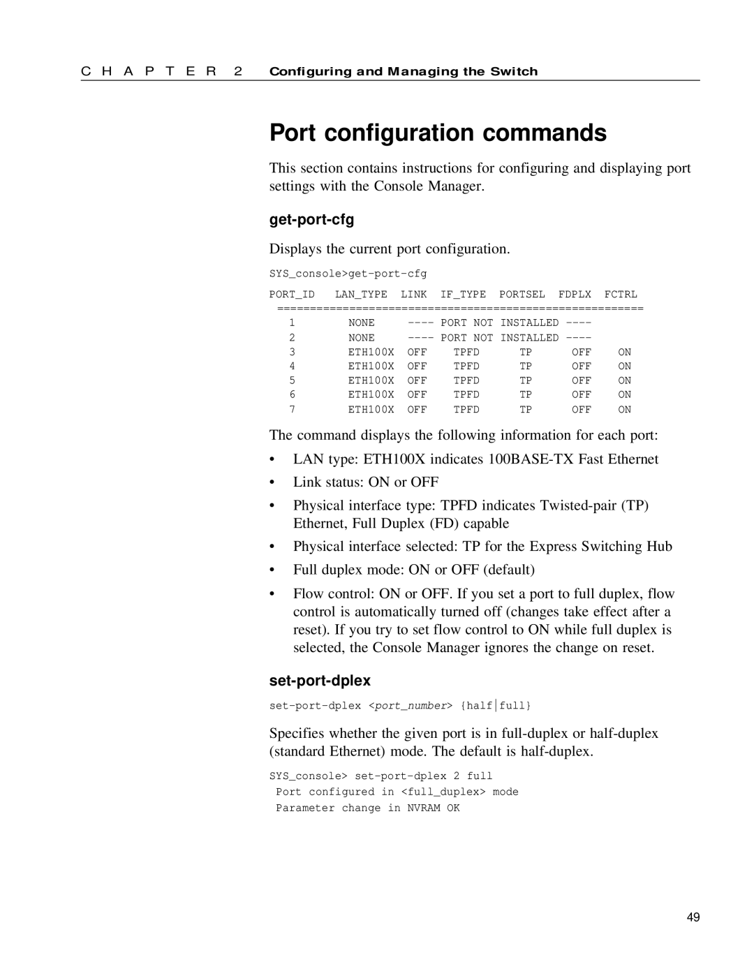 Intel 654655-001 manual Port configuration commands, Get-port-cfg, Set-port-dplex 