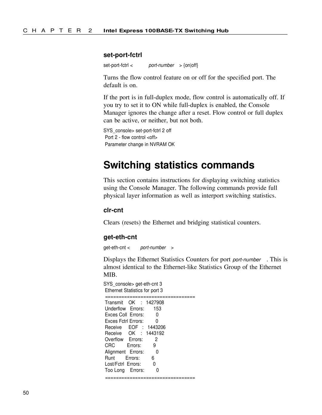 Intel 654655-001 manual Switching statistics commands, Set-port-fctrl, Clr-cnt, Get-eth-cnt 