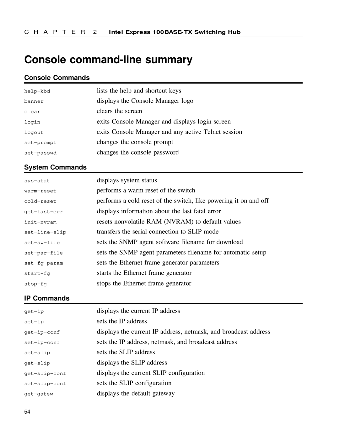 Intel 654655-001 manual Console command-line summary, Console Commands, System Commands, IP Commands 