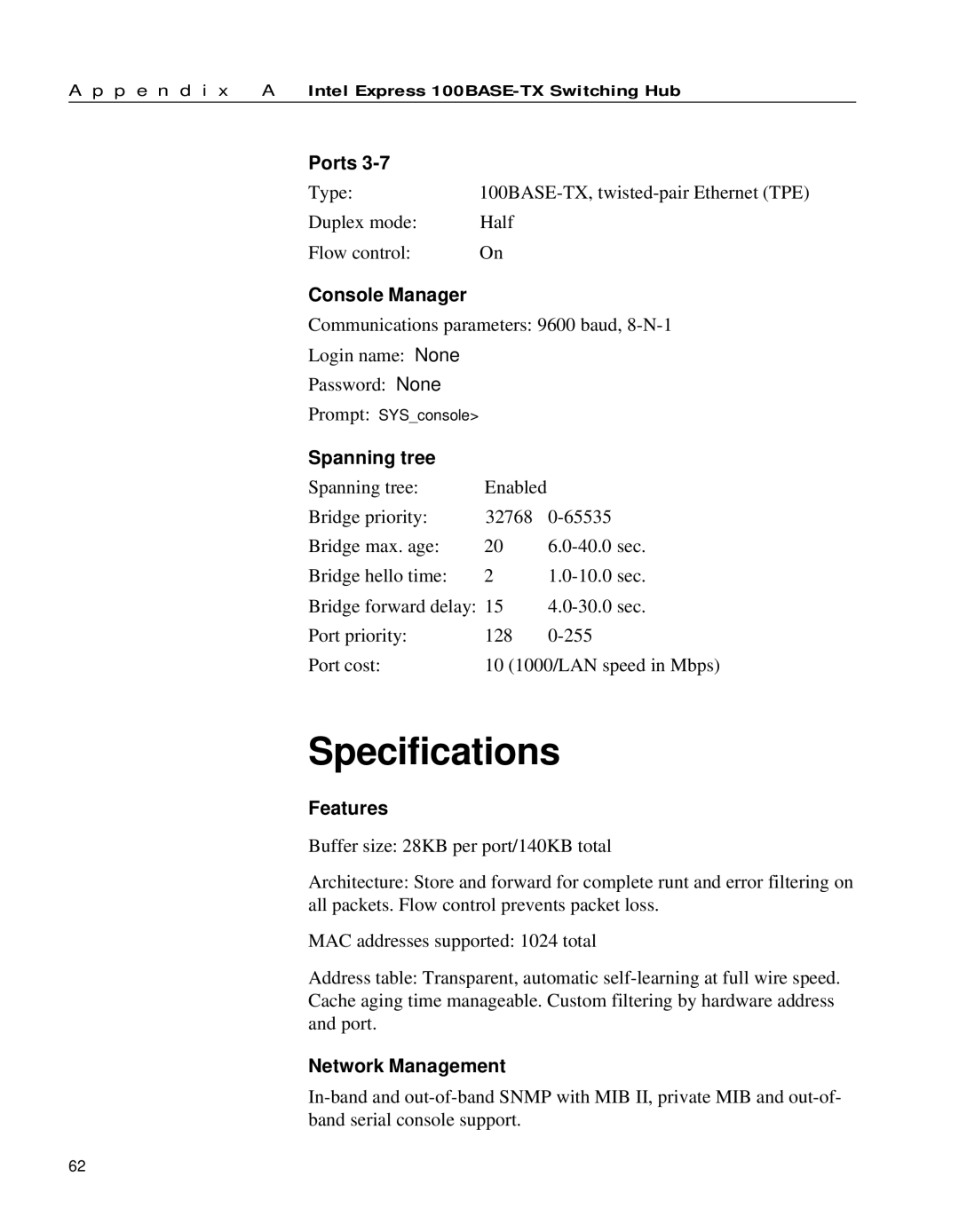 Intel 654655-001 manual Specifications, Console Manager, Spanning tree, Features, Network Management 